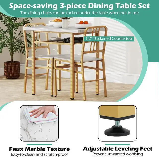 Alt view image 5 of 6 - 3-Piece Dining Table Set, Rectangular Kitchen Table with Storage Rack and 2 Dining Chairs, Heavy-Duty Metal Frame, Space-Saving Dinette Set for Breakfast Nook, Apartment (White + Gold)