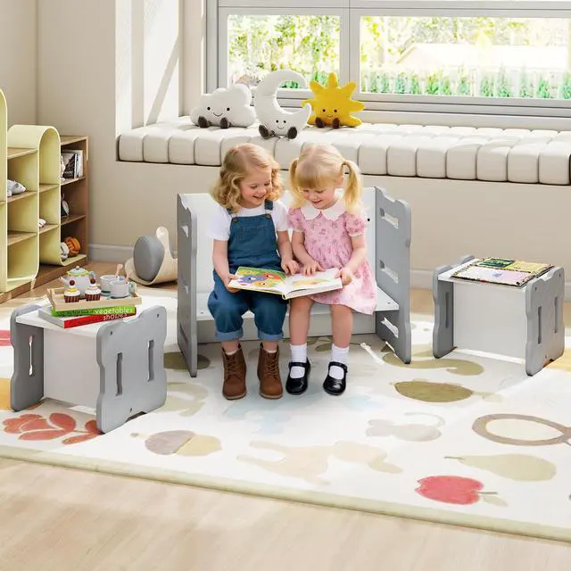 Alt view image 2 of 6 - Kids Table and Chairs, All in One Wooden Activity Desk Set, Bench, Storage Shelves for Home, School and Kindergarten, 3 PCS Toddler Table and Chair Set (Gray)
