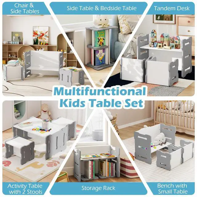 Alt view image 3 of 6 - Kids Table and Chairs, All in One Wooden Activity Desk Set, Bench, Storage Shelves for Home, School and Kindergarten, 3 PCS Toddler Table and Chair Set (Gray)