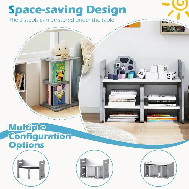 Alt view image 4 of 6 - Kids Table and Chairs, All in One Wooden Activity Desk Set, Bench, Storage Shelves for Home, School and Kindergarten, 3 PCS Toddler Table and Chair Set (Gray)