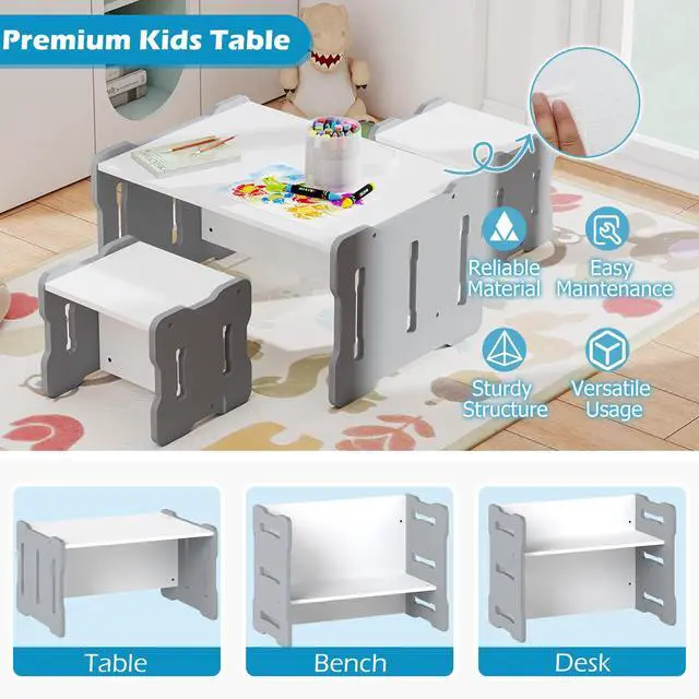 Alt view image 6 of 6 - Kids Table and Chairs, All in One Wooden Activity Desk Set, Bench, Storage Shelves for Home, School and Kindergarten, 3 PCS Toddler Table and Chair Set (Gray)