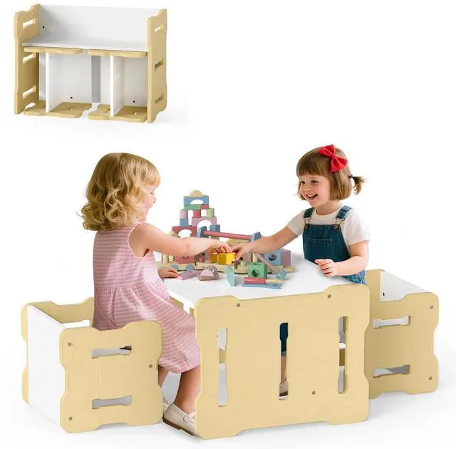 Main image of Kids Table and Chairs, All in One Wooden Activity Desk Set, Bench, Storage Shelves for Home, School and Kindergarten, 3 PCS Toddler Table and Chair Set (Natural)