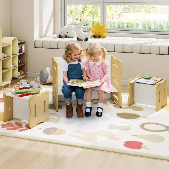 Alt view image 2 of 6 - Kids Table and Chairs, All in One Wooden Activity Desk Set, Bench, Storage Shelves for Home, School and Kindergarten, 3 PCS Toddler Table and Chair Set (Natural)
