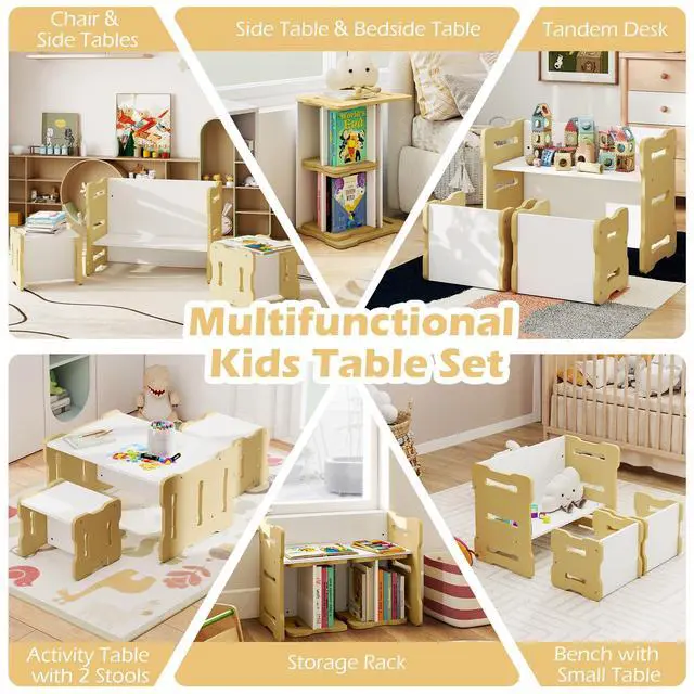 Alt view image 3 of 6 - Kids Table and Chairs, All in One Wooden Activity Desk Set, Bench, Storage Shelves for Home, School and Kindergarten, 3 PCS Toddler Table and Chair Set (Natural)