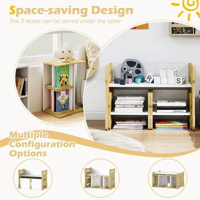 Alt view image 4 of 6 - Kids Table and Chairs, All in One Wooden Activity Desk Set, Bench, Storage Shelves for Home, School and Kindergarten, 3 PCS Toddler Table and Chair Set (Natural)