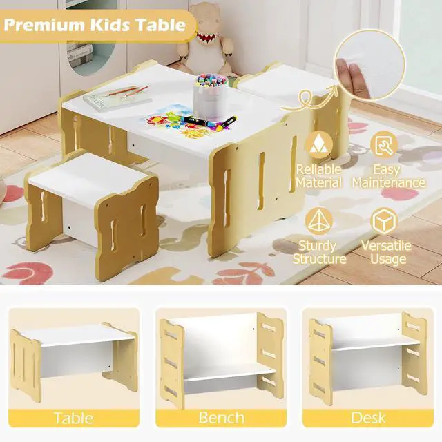Alt view image 6 of 6 - Kids Table and Chairs, All in One Wooden Activity Desk Set, Bench, Storage Shelves for Home, School and Kindergarten, 3 PCS Toddler Table and Chair Set (Natural)