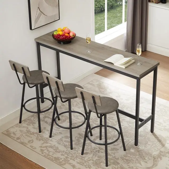 Main image of 4 Piece Long Bar Table and Chairs Set, Industrial Counter Height Dining Table Set with Sofa Bar Table and 3 Upholstered Stools with backrest for Breakfast Nook Living Room Small Space(Grey)