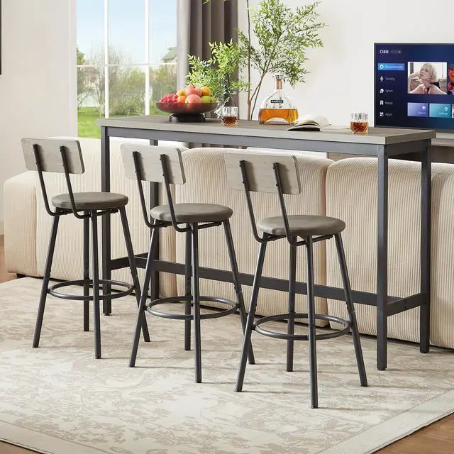 Alt view image 2 of 6 - 4 Piece Long Bar Table and Chairs Set, Industrial Counter Height Dining Table Set with Sofa Bar Table and 3 Upholstered Stools with backrest for Breakfast Nook Living Room Small Space(Grey)