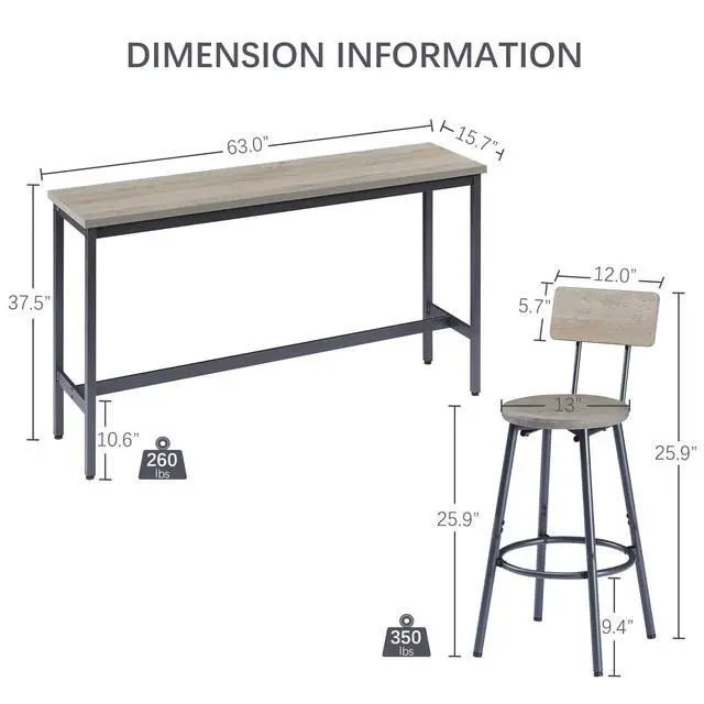 Alt view image 3 of 6 - 4 Piece Long Bar Table and Chairs Set, Industrial Counter Height Dining Table Set with Sofa Bar Table and 3 Upholstered Stools with backrest for Breakfast Nook Living Room Small Space(Grey)