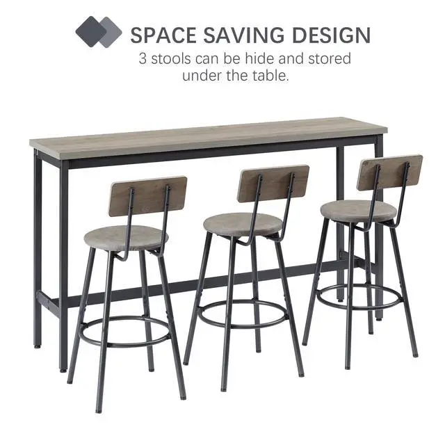 Alt view image 4 of 6 - 4 Piece Long Bar Table and Chairs Set, Industrial Counter Height Dining Table Set with Sofa Bar Table and 3 Upholstered Stools with backrest for Breakfast Nook Living Room Small Space(Grey)