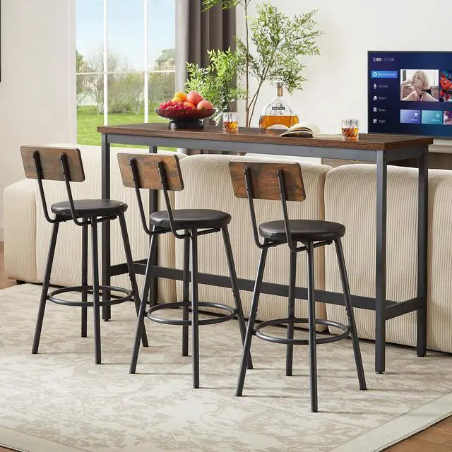 Alt view image 2 of 6 - 4 Piece Long Bar Table and Chairs Set, Industrial Counter Height Dining Table Set with Sofa Bar Table and 3 Upholstered Stools with backrest for Breakfast Nook Living Room Small Space(Brown)