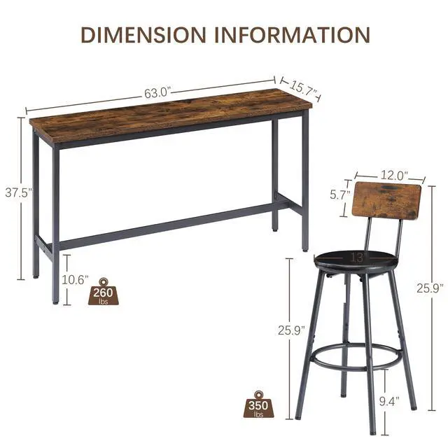 Alt view image 3 of 6 - 4 Piece Long Bar Table and Chairs Set, Industrial Counter Height Dining Table Set with Sofa Bar Table and 3 Upholstered Stools with backrest for Breakfast Nook Living Room Small Space(Brown)