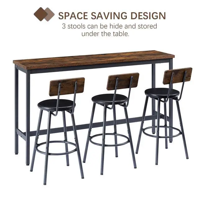 Alt view image 4 of 6 - 4 Piece Long Bar Table and Chairs Set, Industrial Counter Height Dining Table Set with Sofa Bar Table and 3 Upholstered Stools with backrest for Breakfast Nook Living Room Small Space(Brown)