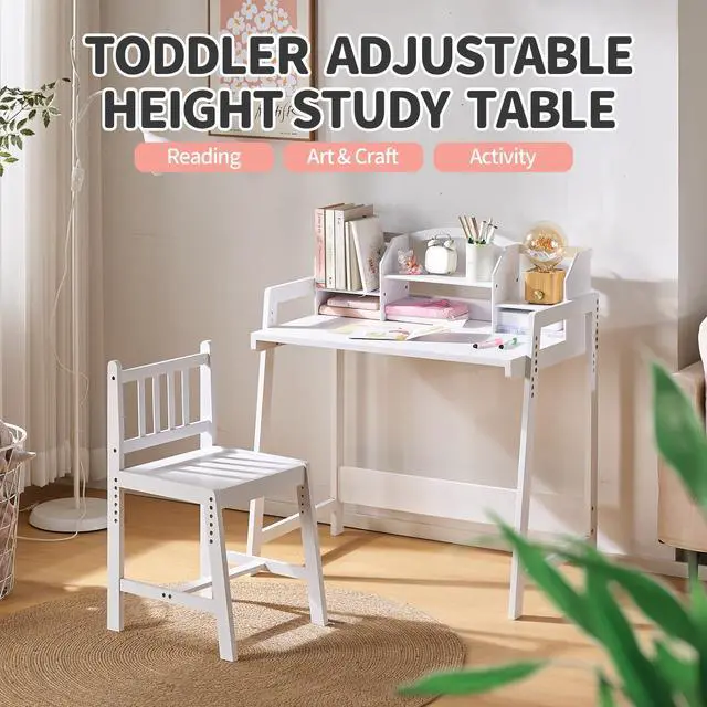 Alt view image 3 of 6 - Kids Desk and Chair Set, Height Adjustable Bamboo Study Desk with Removable Hutch and Storage, Ergonomic Children Writing Table for Homework, Reading and Art, Ages 3-12