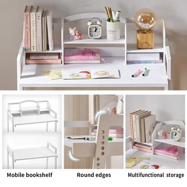 Alt view image 5 of 6 - Kids Desk and Chair Set, Height Adjustable Bamboo Study Desk with Removable Hutch and Storage, Ergonomic Children Writing Table for Homework, Reading and Art, Ages 3-12