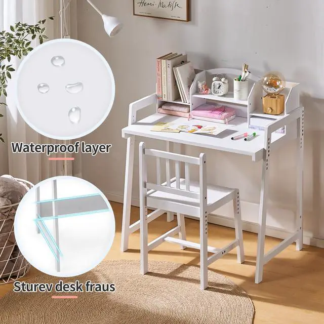 Alt view image 6 of 6 - Kids Desk and Chair Set, Height Adjustable Bamboo Study Desk with Removable Hutch and Storage, Ergonomic Children Writing Table for Homework, Reading and Art, Ages 3-12