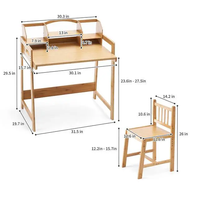 Alt view image 2 of 6 - Kids Desk and Chair Set, Height Adjustable Bamboo Study Desk with Removable Hutch and Storage, Ergonomic Children Writing Table for Homework, Reading and Art, Ages 3-12