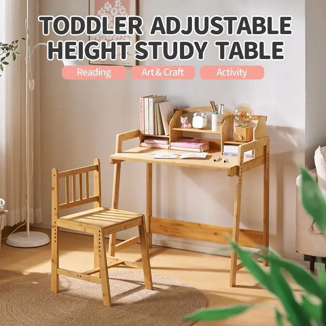 Alt view image 3 of 6 - Kids Desk and Chair Set, Height Adjustable Bamboo Study Desk with Removable Hutch and Storage, Ergonomic Children Writing Table for Homework, Reading and Art, Ages 3-12