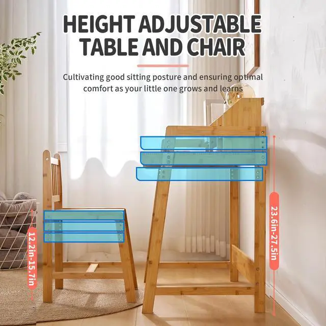Alt view image 4 of 6 - Kids Desk and Chair Set, Height Adjustable Bamboo Study Desk with Removable Hutch and Storage, Ergonomic Children Writing Table for Homework, Reading and Art, Ages 3-12