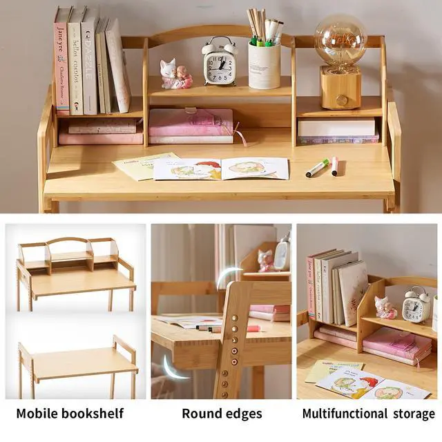 Alt view image 6 of 6 - Kids Desk and Chair Set, Height Adjustable Bamboo Study Desk with Removable Hutch and Storage, Ergonomic Children Writing Table for Homework, Reading and Art, Ages 3-12