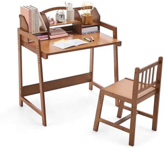 Main image of Kids Desk and Chair Set, Height Adjustable Bamboo Study Desk with Removable Hutch and Storage, Ergonomic Children Writing Table for Homework, Reading and Art, Ages 3-12