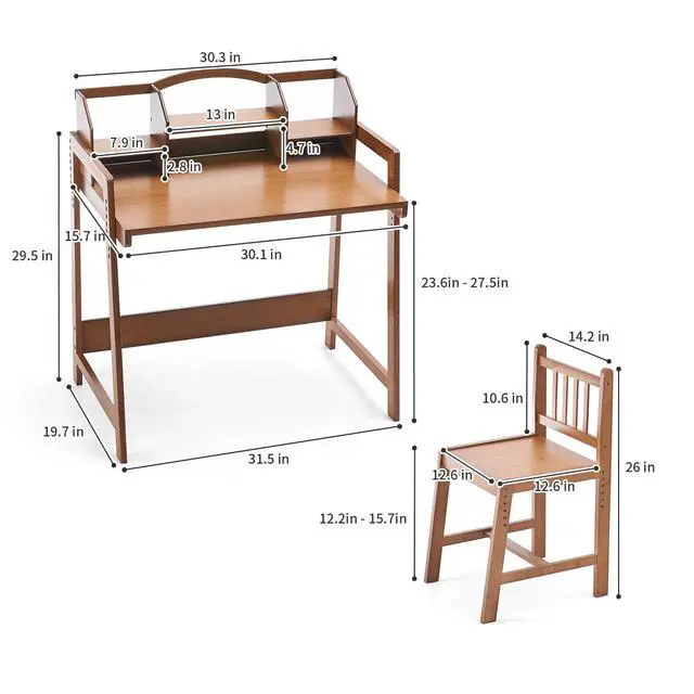 Alt view image 2 of 6 - Kids Desk and Chair Set, Height Adjustable Bamboo Study Desk with Removable Hutch and Storage, Ergonomic Children Writing Table for Homework, Reading and Art, Ages 3-12
