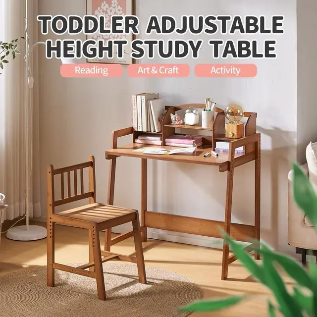 Alt view image 3 of 6 - Kids Desk and Chair Set, Height Adjustable Bamboo Study Desk with Removable Hutch and Storage, Ergonomic Children Writing Table for Homework, Reading and Art, Ages 3-12