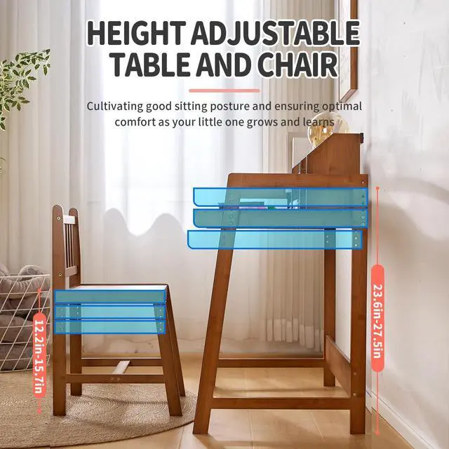 Alt view image 4 of 6 - Kids Desk and Chair Set, Height Adjustable Bamboo Study Desk with Removable Hutch and Storage, Ergonomic Children Writing Table for Homework, Reading and Art, Ages 3-12