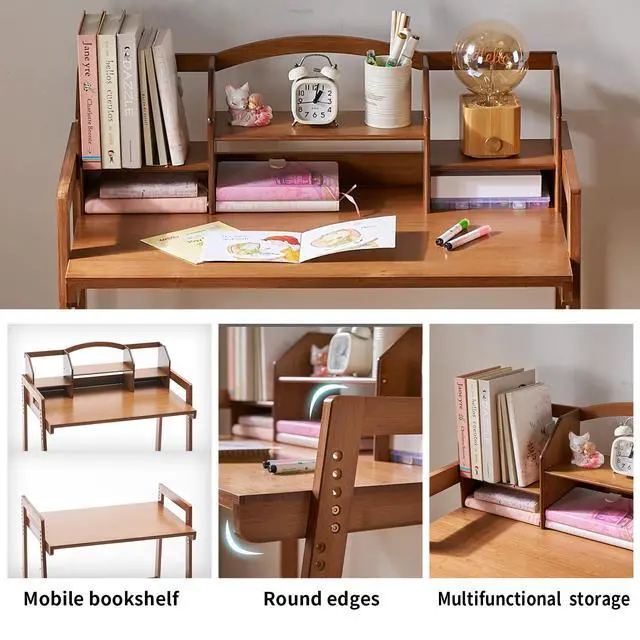 Alt view image 5 of 6 - Kids Desk and Chair Set, Height Adjustable Bamboo Study Desk with Removable Hutch and Storage, Ergonomic Children Writing Table for Homework, Reading and Art, Ages 3-12