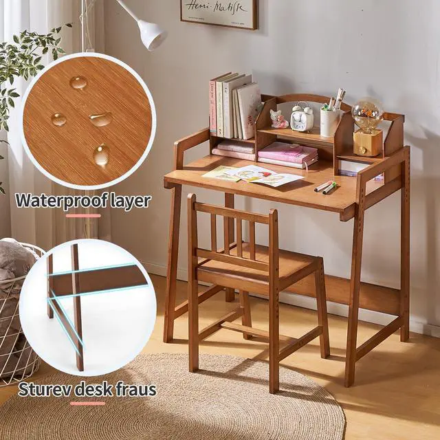 Alt view image 6 of 6 - Kids Desk and Chair Set, Height Adjustable Bamboo Study Desk with Removable Hutch and Storage, Ergonomic Children Writing Table for Homework, Reading and Art, Ages 3-12