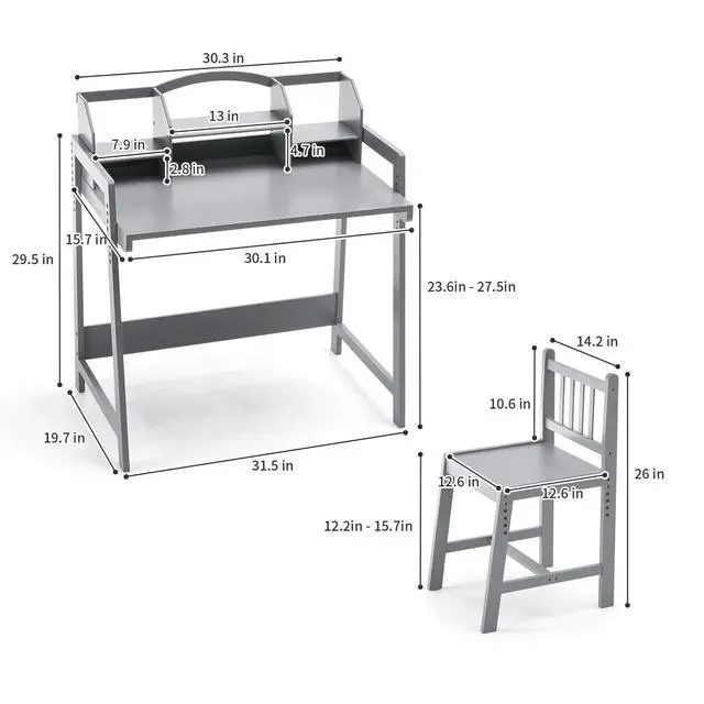 Alt view image 2 of 6 - Kids Desk and Chair Set, Height Adjustable Bamboo Study Desk with Removable Hutch and Storage, Ergonomic Children Writing Table for Homework, Reading and Art, Ages 3-12