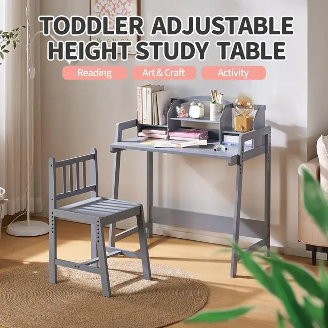 Alt view image 3 of 6 - Kids Desk and Chair Set, Height Adjustable Bamboo Study Desk with Removable Hutch and Storage, Ergonomic Children Writing Table for Homework, Reading and Art, Ages 3-12
