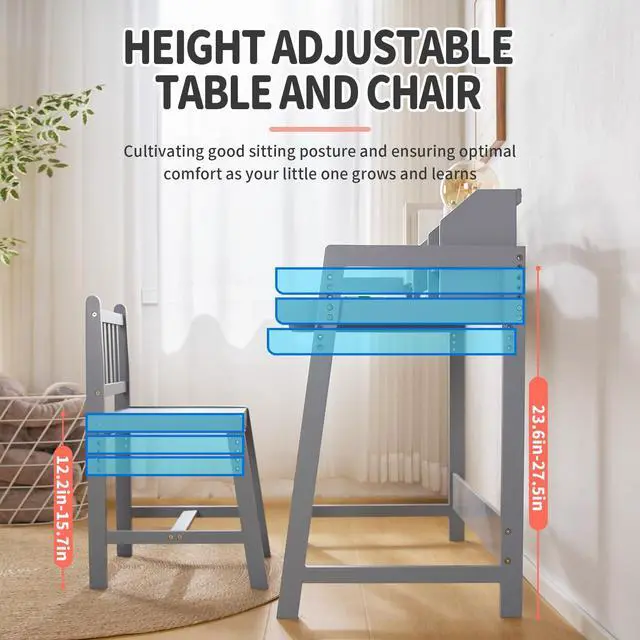 Alt view image 4 of 6 - Kids Desk and Chair Set, Height Adjustable Bamboo Study Desk with Removable Hutch and Storage, Ergonomic Children Writing Table for Homework, Reading and Art, Ages 3-12