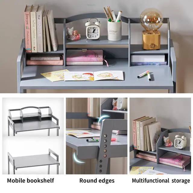 Alt view image 5 of 6 - Kids Desk and Chair Set, Height Adjustable Bamboo Study Desk with Removable Hutch and Storage, Ergonomic Children Writing Table for Homework, Reading and Art, Ages 3-12