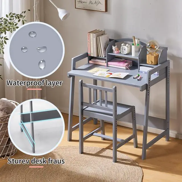Alt view image 6 of 6 - Kids Desk and Chair Set, Height Adjustable Bamboo Study Desk with Removable Hutch and Storage, Ergonomic Children Writing Table for Homework, Reading and Art, Ages 3-12