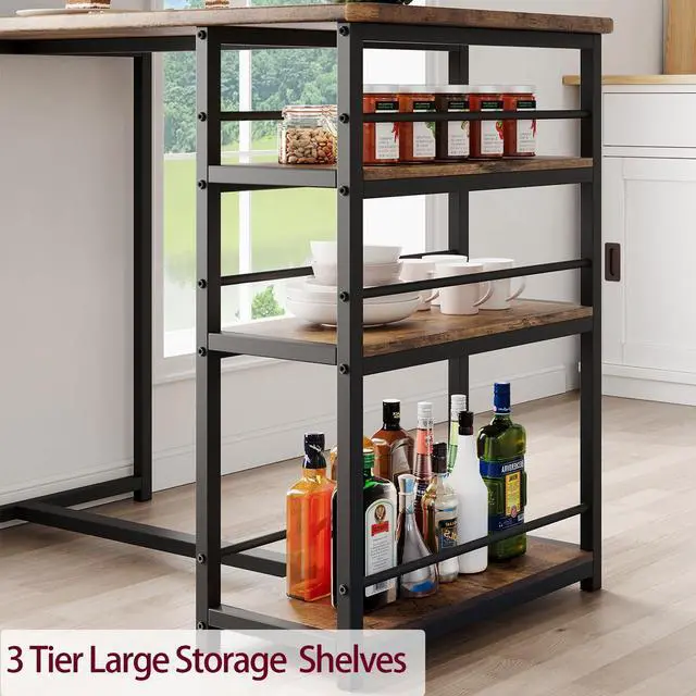 Alt view image 3 of 6 - Rustic Brown 3-Piece Counter Height Bar Kitchen Table Set with 3 Storage Shelves for Small Spaces, Apartment, Dining Table and 2 Upholstered Bar Height Chairs