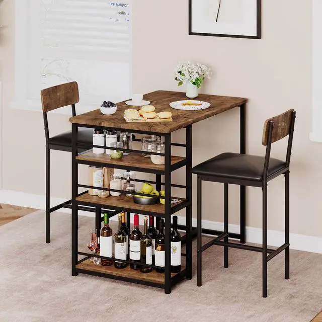 Alt view image 5 of 6 - Rustic Brown 3-Piece Counter Height Bar Kitchen Table Set with 3 Storage Shelves for Small Spaces, Apartment, Dining Table and 2 Upholstered Bar Height Chairs