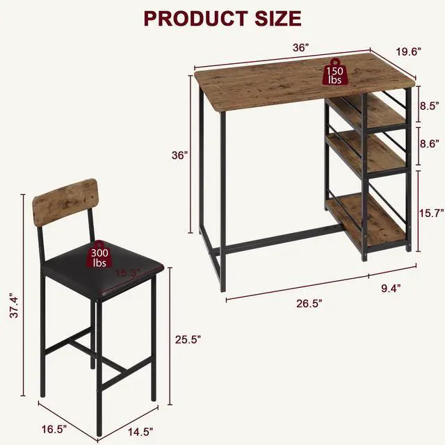Alt view image 6 of 6 - Rustic Brown 3-Piece Counter Height Bar Kitchen Table Set with 3 Storage Shelves for Small Spaces, Apartment, Dining Table and 2 Upholstered Bar Height Chairs