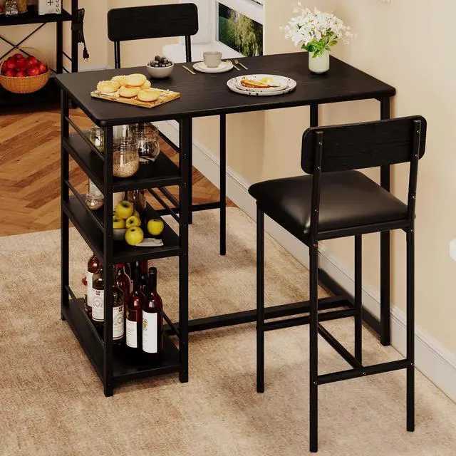 Main image of Dining Table Set for 2, Kitchen Table and Chairs for 2 with Upholstered Chairs, 3 Piece Counter Height Bar Kitchen Table Set with 3 Storage Shelves for Small Space, Apartment, Rustic Black