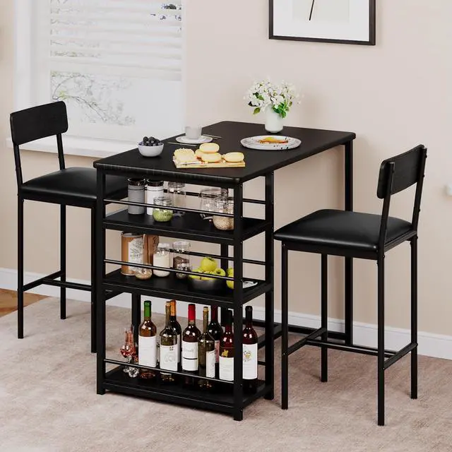 Alt view image 2 of 6 - Dining Table Set for 2, Kitchen Table and Chairs for 2 with Upholstered Chairs, 3 Piece Counter Height Bar Kitchen Table Set with 3 Storage Shelves for Small Space, Apartment, Rustic Black