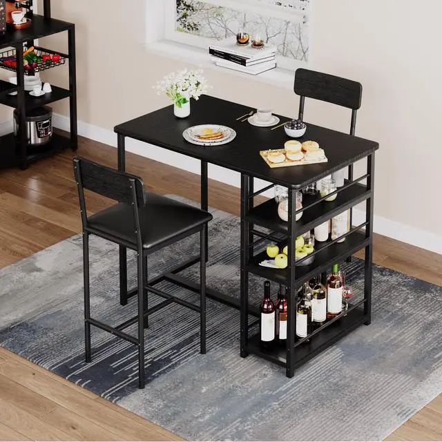 Alt view image 3 of 6 - Dining Table Set for 2, Kitchen Table and Chairs for 2 with Upholstered Chairs, 3 Piece Counter Height Bar Kitchen Table Set with 3 Storage Shelves for Small Space, Apartment, Rustic Black
