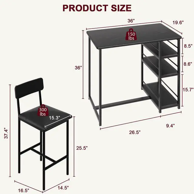 Alt view image 6 of 6 - Dining Table Set for 2, Kitchen Table and Chairs for 2 with Upholstered Chairs, 3 Piece Counter Height Bar Kitchen Table Set with 3 Storage Shelves for Small Space, Apartment, Rustic Black