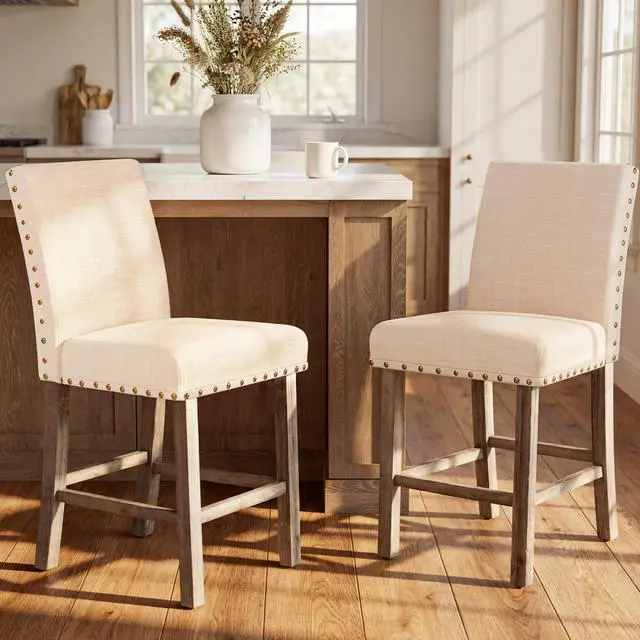 Main image of Bar Stools Set of 2, 25.5' Farmhouse Counter Height Barstools, Linen Upholstered Bar Chairs with Ergonomic Backrest and Wood Legs for Kitchen, Island, Home Bar, Beige