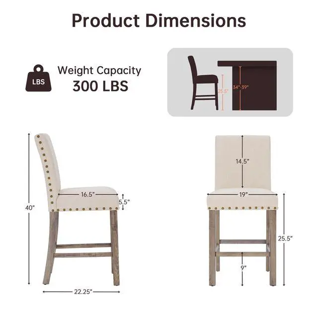 Alt view image 2 of 6 - Bar Stools Set of 2, 25.5' Farmhouse Counter Height Barstools, Linen Upholstered Bar Chairs with Ergonomic Backrest and Wood Legs for Kitchen, Island, Home Bar, Beige
