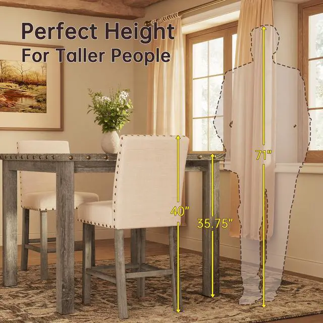 Alt view image 3 of 6 - Bar Stools Set of 2, 25.5' Farmhouse Counter Height Barstools, Linen Upholstered Bar Chairs with Ergonomic Backrest and Wood Legs for Kitchen, Island, Home Bar, Beige