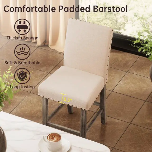 Alt view image 4 of 6 - Bar Stools Set of 2, 25.5' Farmhouse Counter Height Barstools, Linen Upholstered Bar Chairs with Ergonomic Backrest and Wood Legs for Kitchen, Island, Home Bar, Beige