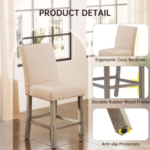 Alt view image 5 of 6 - Bar Stools Set of 2, 25.5' Farmhouse Counter Height Barstools, Linen Upholstered Bar Chairs with Ergonomic Backrest and Wood Legs for Kitchen, Island, Home Bar, Beige