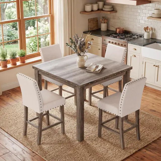 Alt view image 6 of 6 - Bar Stools Set of 2, 25.5' Farmhouse Counter Height Barstools, Linen Upholstered Bar Chairs with Ergonomic Backrest and Wood Legs for Kitchen, Island, Home Bar, Beige