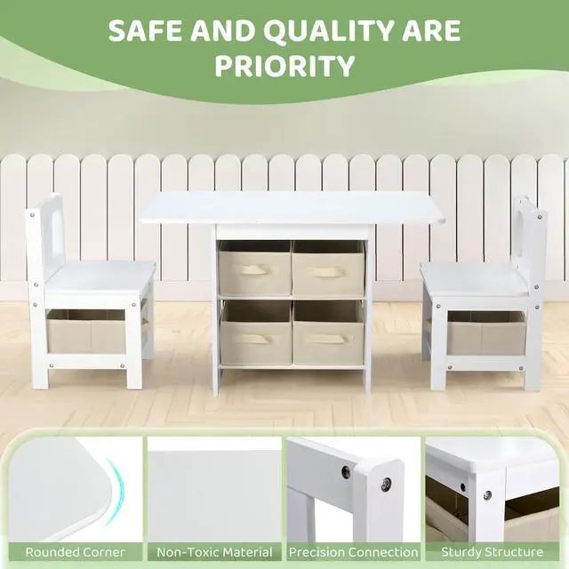 Alt view image 4 of 6 - Kids Table and Chairs with Storage, 6 Drawers Toddlers Table and Chair Set- Ideal for 3-8 Years Old, European Grade Wooden Kids Activity Table for Art Crafts and Study (White)