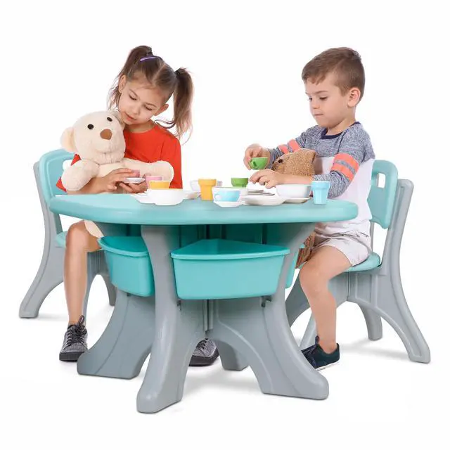Main image of Kids Table and Chairs Set 3 Piece Plastic Children Activity Table with 4 Detachable Toy Storage Bins for Arts, Crafts, Snack Time and More, Safety Round Corners, Green